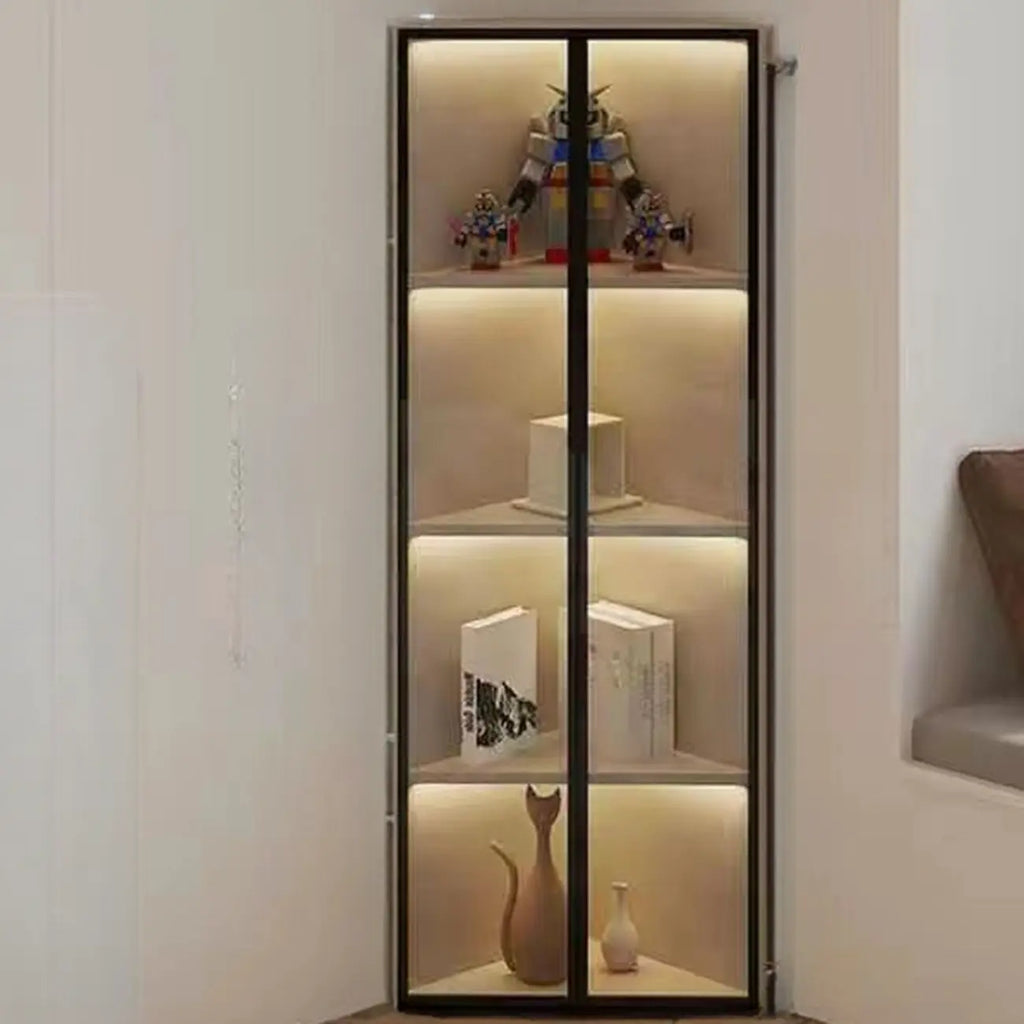 Modern Grey Metal Wood Corner Display Cabinet with Glass Door
