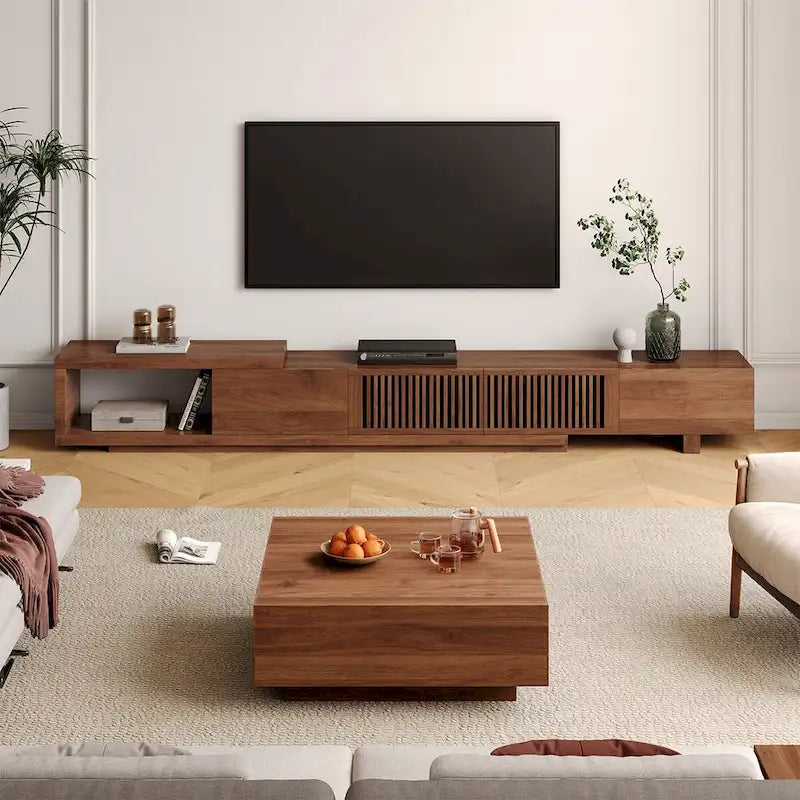 Modern Retractable & Extendable TV Stand with 4 Drawers, Up to 103 Inches - 78.54D x 15.74W x 13.78H