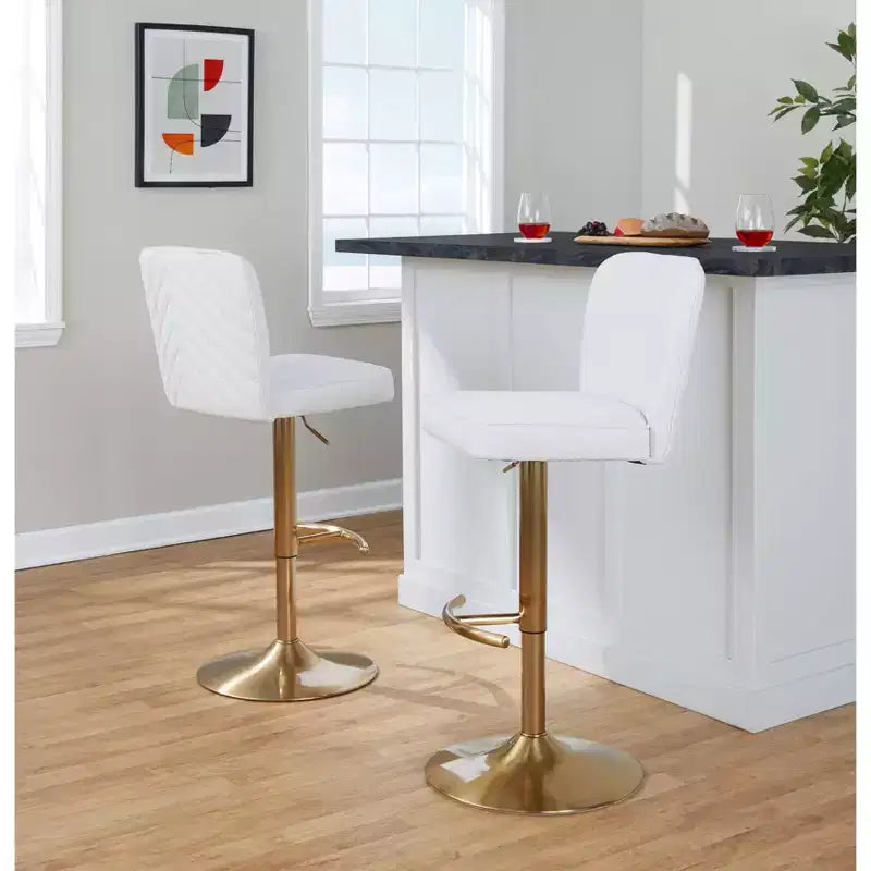 LumiSource Lot de 2 tabourets de bar réglables Henry Or/Tissu blanc