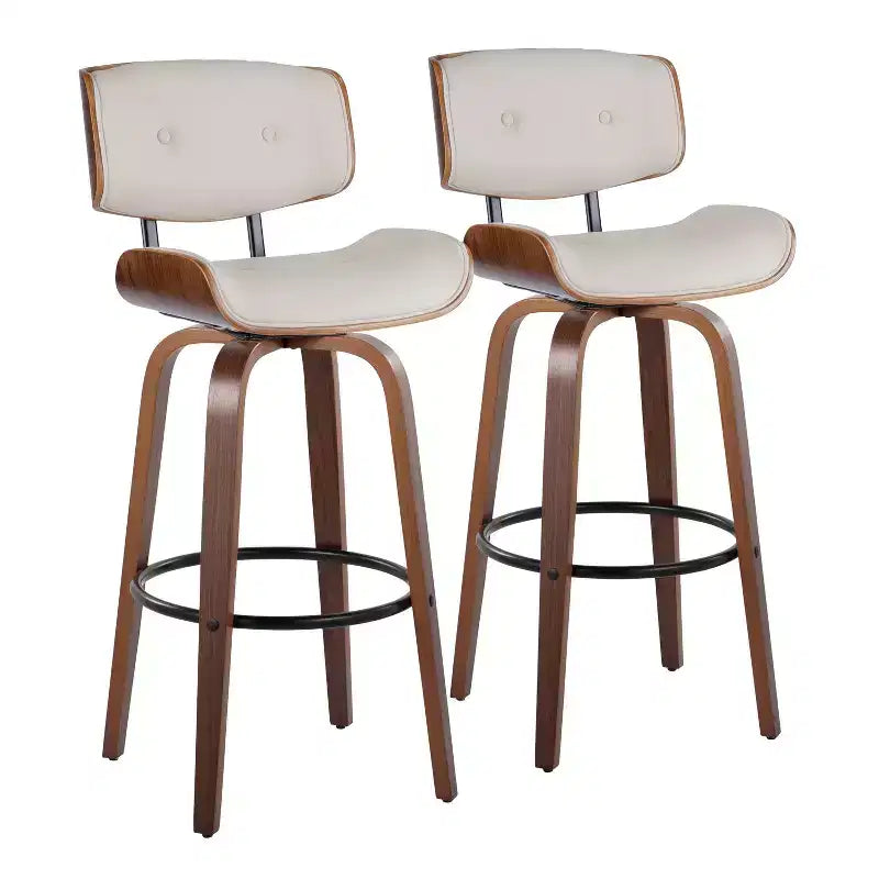 Set of 2 Lombardi Barstools Walnut/Black/Cream PU: Fixed-Height, Full Back & Footrest - LumiSource