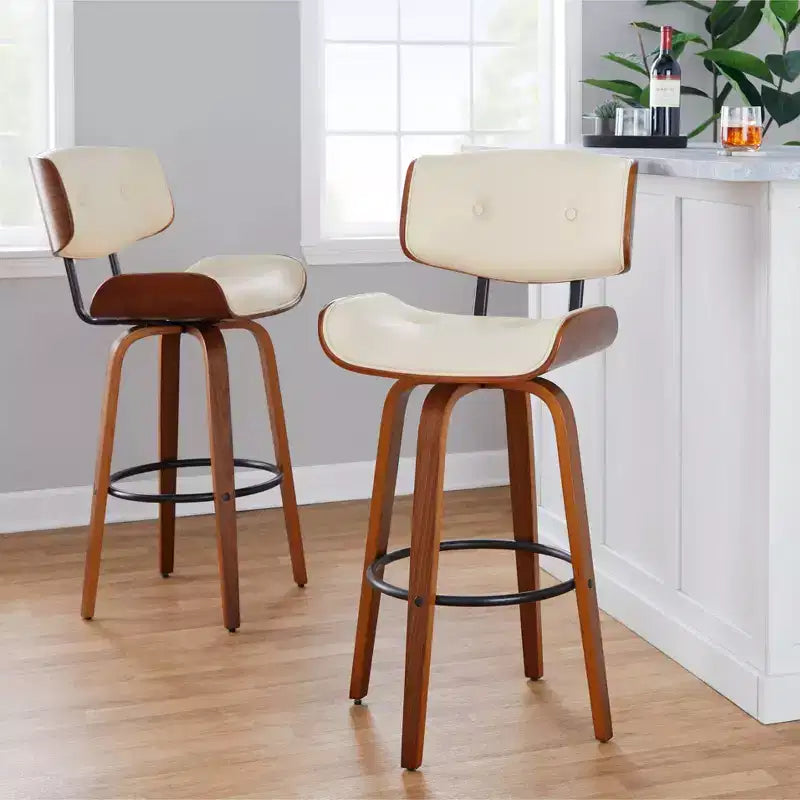Lot de 2 tabourets de bar Lombardi Noyer/Noir/PU Crème : Hauteur Fixe, Dossier Complet & Repose-Pieds - LumiSource
