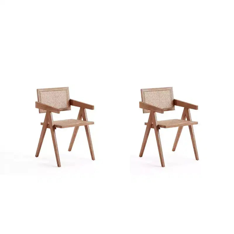 Lot de 2 chaises de salle à manger Hamlet avec accoudoirs Naturel - Manhattan Comfort : Style moderne du milieu du siècle, base en bois de frêne, dossier en rotin