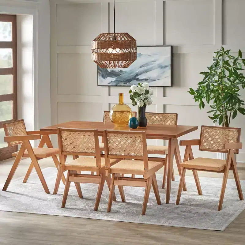 Ensemble de salle à manger moderne 7 pièces Valentina Buylateral 1 table 4 chaises 2 fauteuils Noyer clair