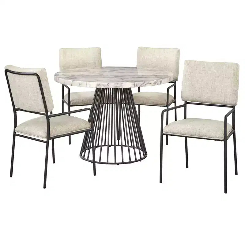 Lifestorey 5pc Indra Dining Set Cream: Faux Marble Top, Black Metal Base