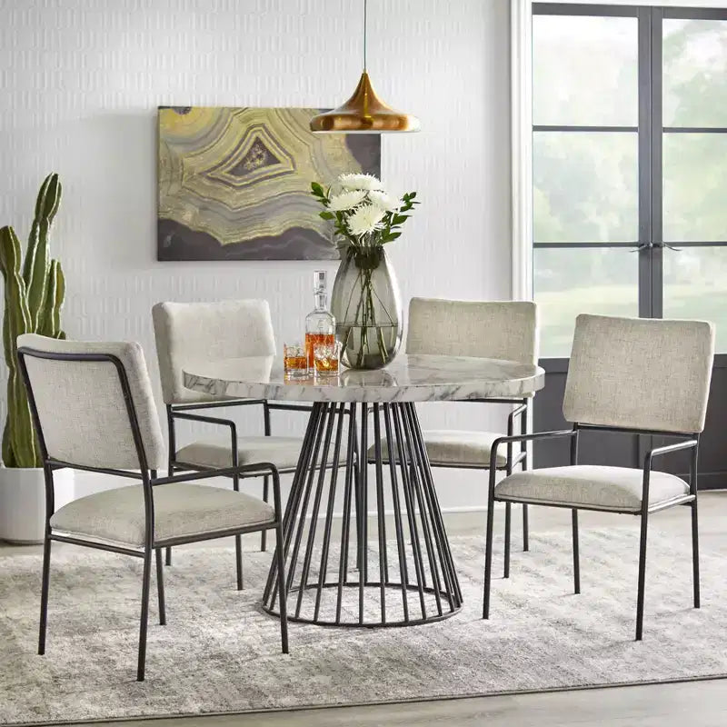 Lifestorey Ensemble repas Indra 5 pièces crème : plateau imitation marbre, piètement en métal noir