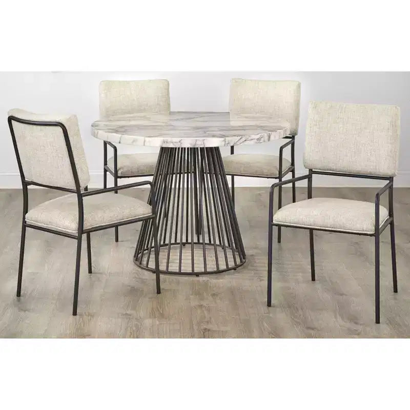 Lifestorey Ensemble repas Indra 5 pièces crème : plateau imitation marbre, piètement en métal noir