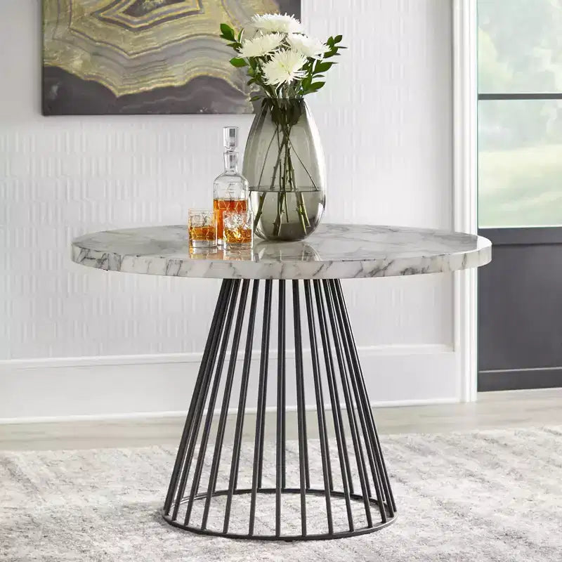 Lifestorey Ensemble repas Indra 5 pièces crème : plateau imitation marbre, piètement en métal noir