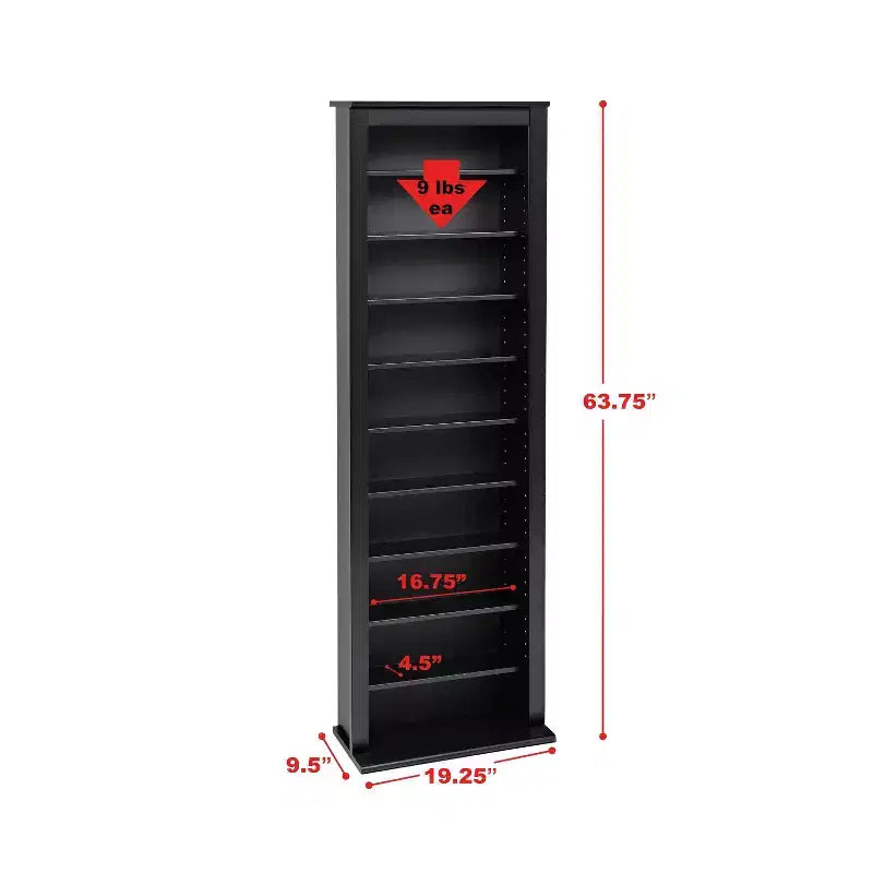 Prepac Slim Barrister Tower Noir : Meuble de rangement média moderne du milieu du siècle, étagères réglables, contient 391 CD