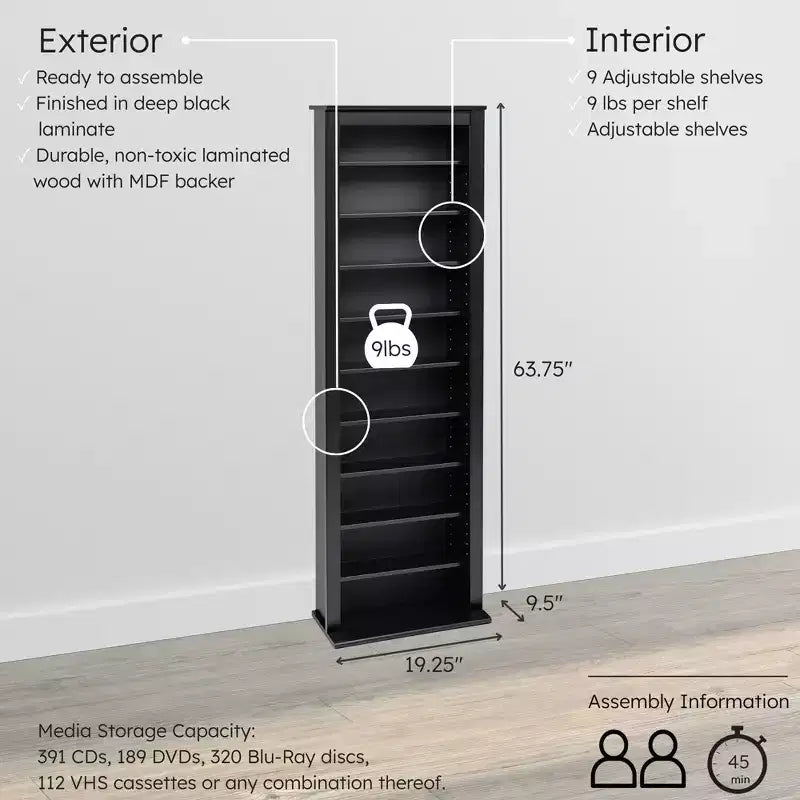 Prepac Slim Barrister Tower Noir : Meuble de rangement média moderne du milieu du siècle, étagères réglables, contient 391 CD