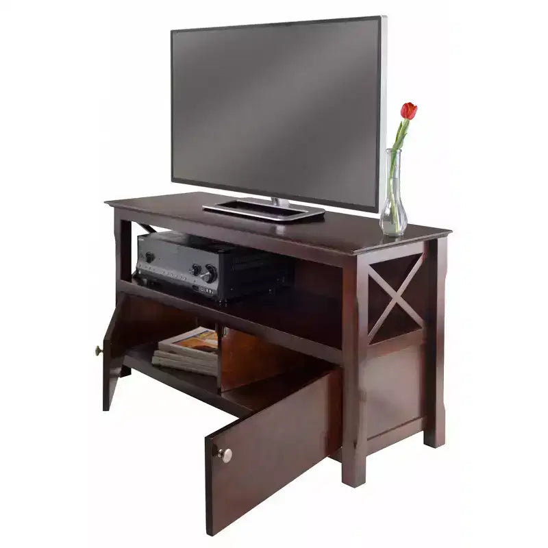 Meuble TV Xola pour téléviseurs jusqu'à 40" brun foncé - Winsome : Bords biseautés, Poignées finition chrome, Étagère multimédia
