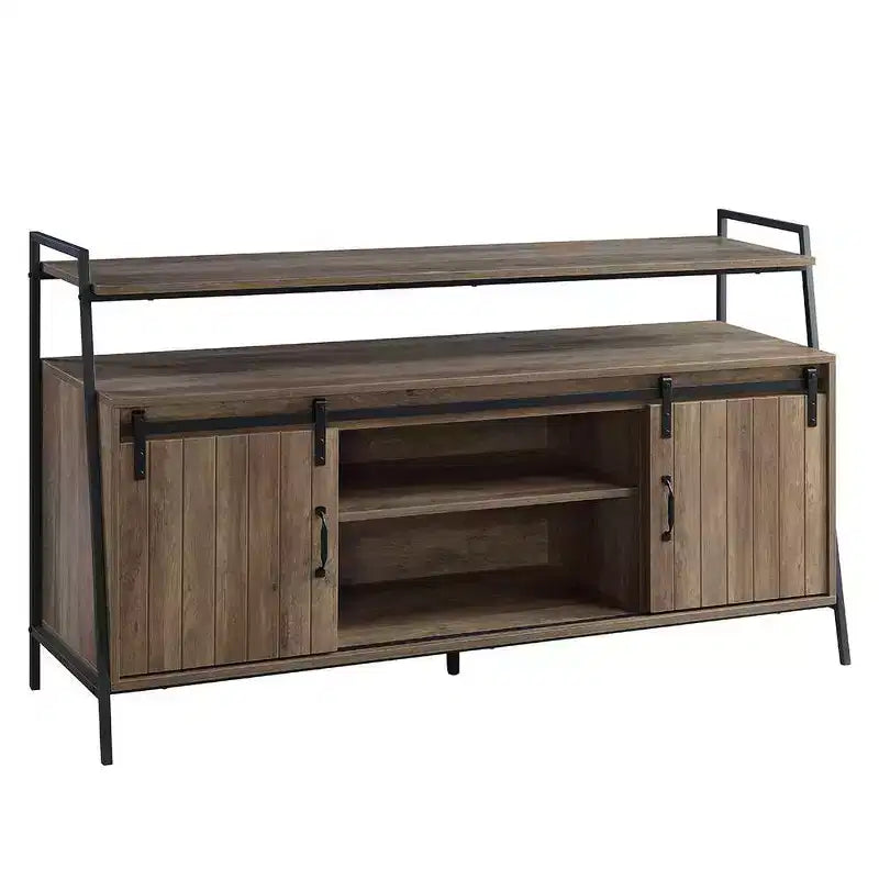 Meuble TV 60" Rashawn pour téléviseurs jusqu'à 58" en chêne rustique/finition noire - Acme Furniture : Style industriel avec portes coulissantes de grange et étagère ouverte