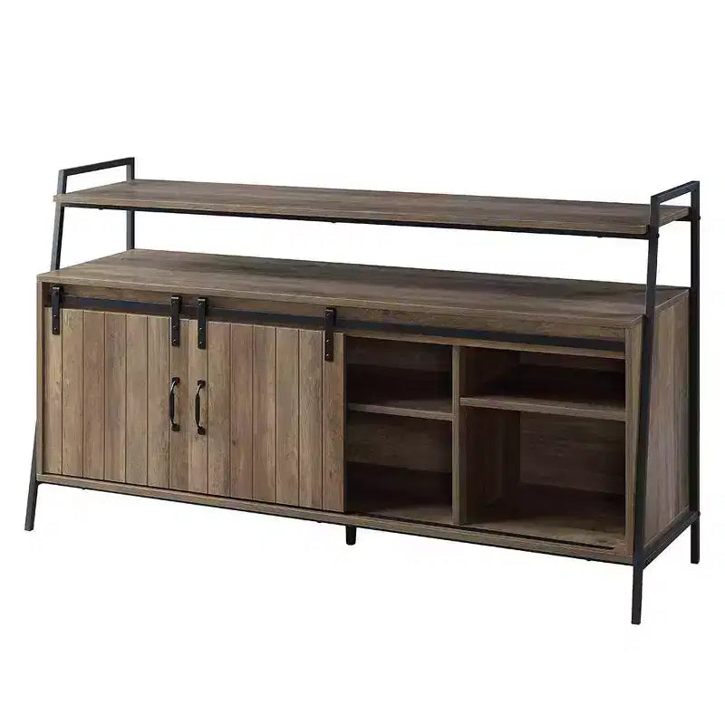 Meuble TV 60" Rashawn pour téléviseurs jusqu'à 58" en chêne rustique/finition noire - Acme Furniture : Style industriel avec portes coulissantes de grange et étagère ouverte