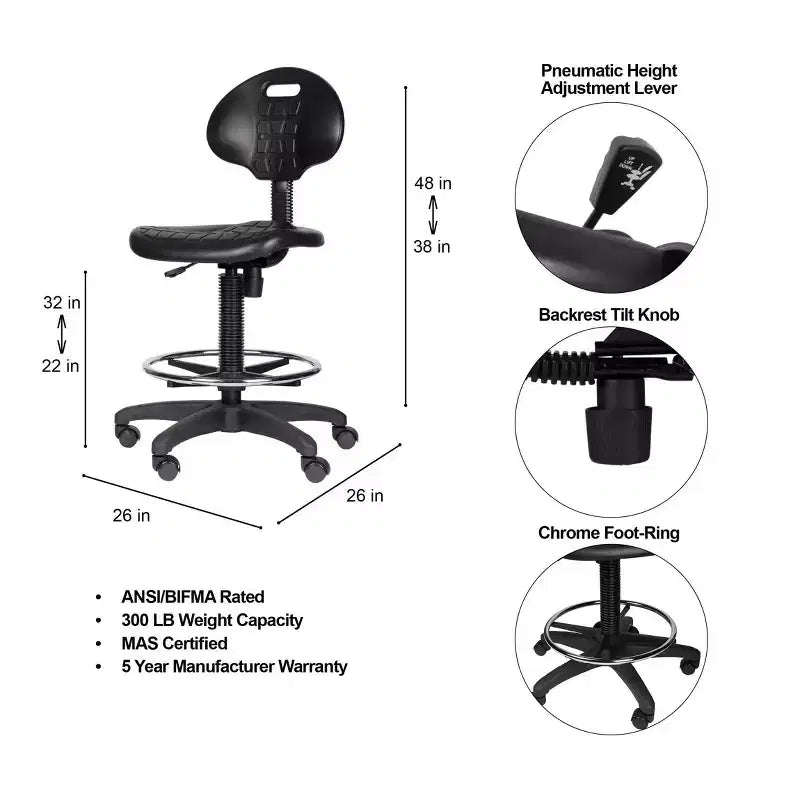 Chaise de travail en polyuréthane réglable en hauteur (22"-32") : pivotante, soutien lombaire, roulettes - Hampden Furnishings