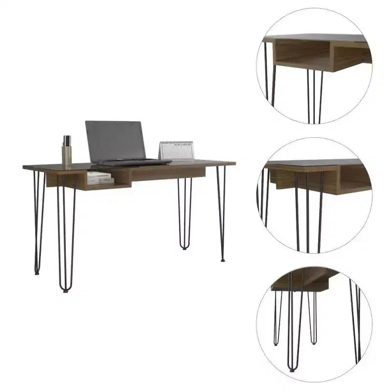 Bureau d'ordinateur Manila marron - Boahaus : Ergonomique 55" de large, plateau en verre, pieds en métal, étagère