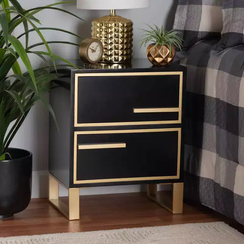 Giolla Wood and Metal 2 Drawer End Table Black/Gold - Baxton Studio: Sleek Side Table with Storage, Modern Design