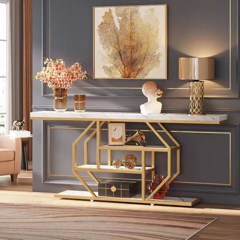 LITTLE TREE Table console d'entrée 4 niveaux de 180 cm de long avec étagère de rangement Blanc/Doré