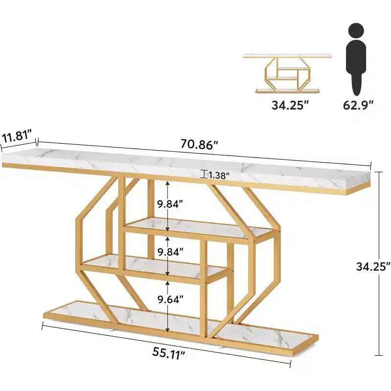 LITTLE TREE Table console d'entrée 4 niveaux de 180 cm de long avec étagère de rangement Blanc/Doré
