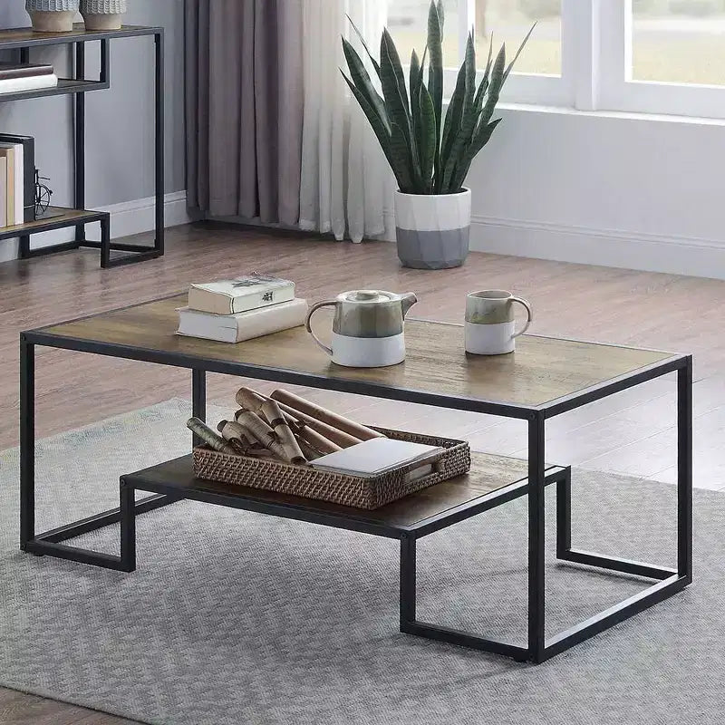 Idella 48" Tables console Chêne rustique et noir - Acme Furniture : Étagère fixe, Structure métallique, Aucun assemblage requis