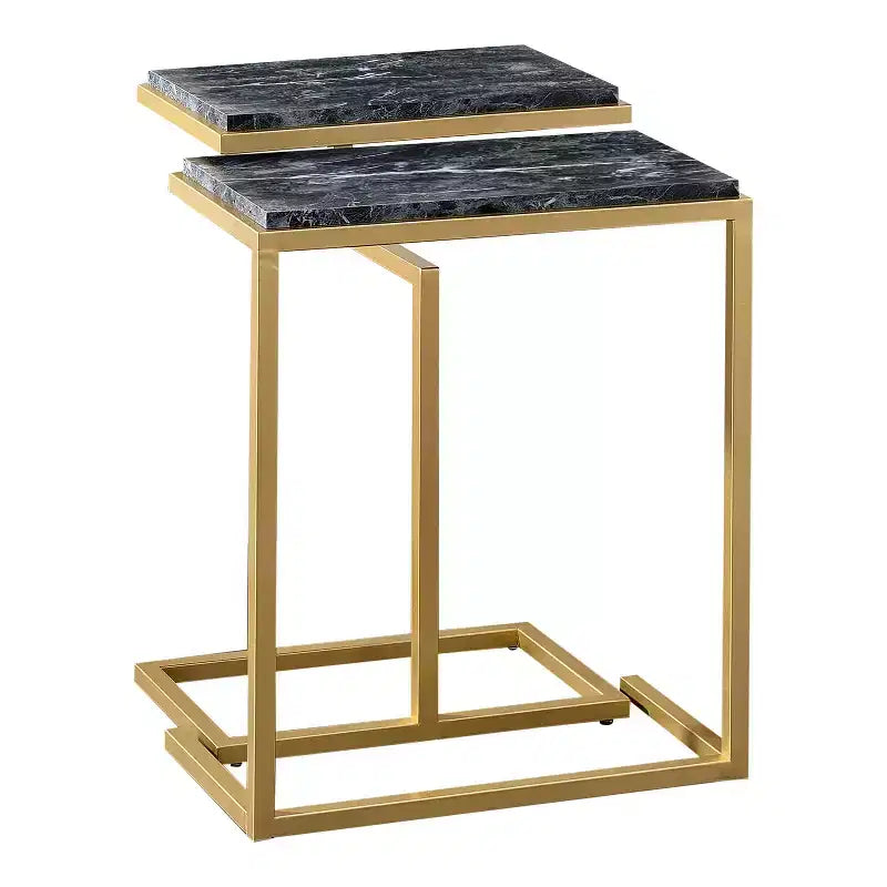 24/7 Shop At Home Kircubbin Nesting Table with Faux Marble Top Gold/Black: Rectangle, Glossy Finish, Metal Frame