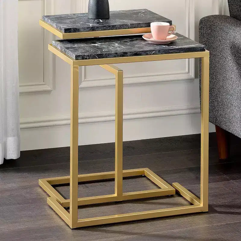 24/7 Shop At Home Kircubbin Table gigogne avec plateau en faux marbre Or/Noir : Rectangle, fini lustré, cadre en métal