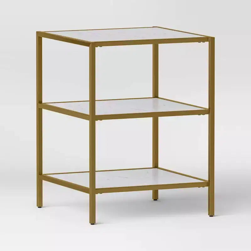 Faux Marble and Metal Side Table Gold - Threshold™: Brushed Gold Frame, 3-Tier Square Display