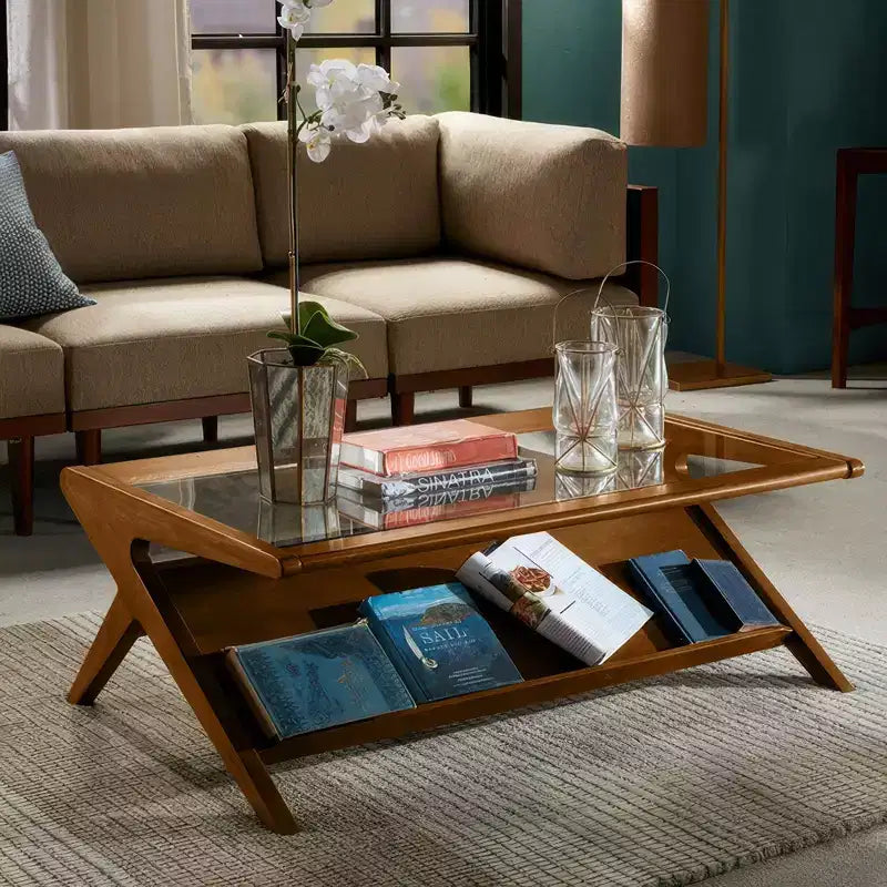 Table basse Rocket avec verre trempé Noyer Pécan