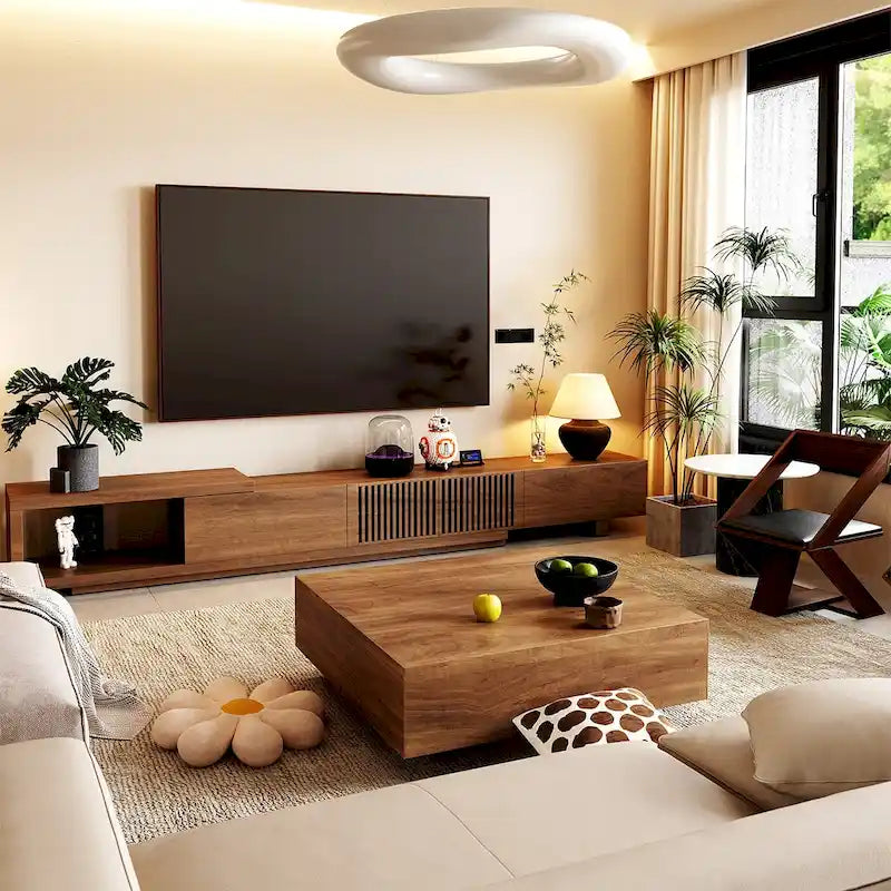 Modern Retractable & Extendable TV Stand with 4 Drawers, Up to 103 Inches - 78.54D x 15.74W x 13.78H