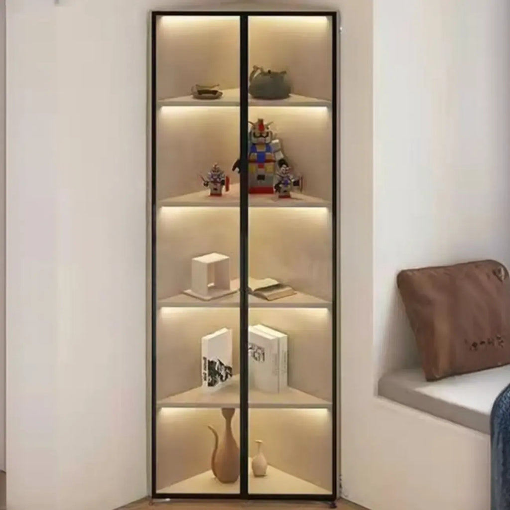 Modern Grey Metal Wood Corner Display Cabinet with Glass Door