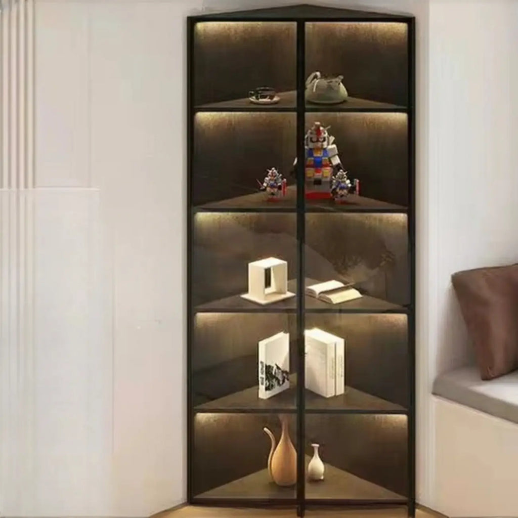 Modern Grey Metal Wood Corner Display Cabinet with Glass Door