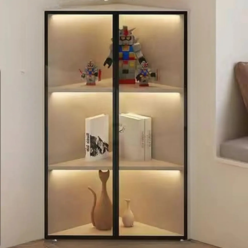 Modern Grey Metal Wood Corner Display Cabinet with Glass Door