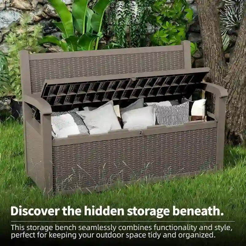 All-Weather Resin Storage Bench with Lockable Hidden Compartment - Rattan-Look Design, 500 lbs Capacity, 70-Gallon Storage