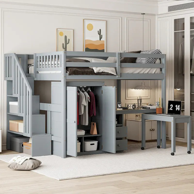 Full Size Loft Bed with Stairs, Bookshelf, Desk & Wardrobe - Space-Saving Multifunctional Furniture for Kids & Teens-White