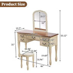 Vintage Vanity Set, Vintage Makeup Vanity Desk, 46 Inch Dressing Table with Curved Flower Mirror, 5 Drawers Storage