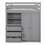 Lit mezzanine en bois pleine grandeur avec armoire intégrée, bureau, étagères de rangement et tiroirs