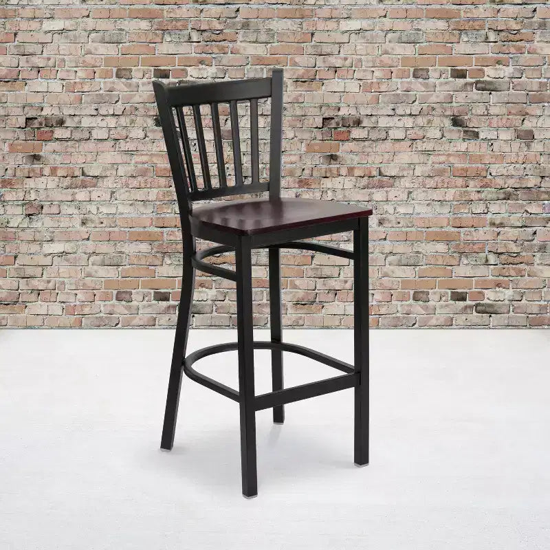 Tabouret de bar de restaurant en métal noir à dossier vertical Flash Furniture