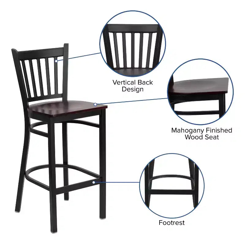 Tabouret de bar de restaurant en métal noir à dossier vertical Flash Furniture
