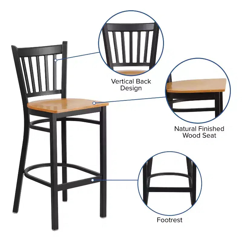 Tabouret de bar de restaurant en métal noir à dossier vertical Flash Furniture