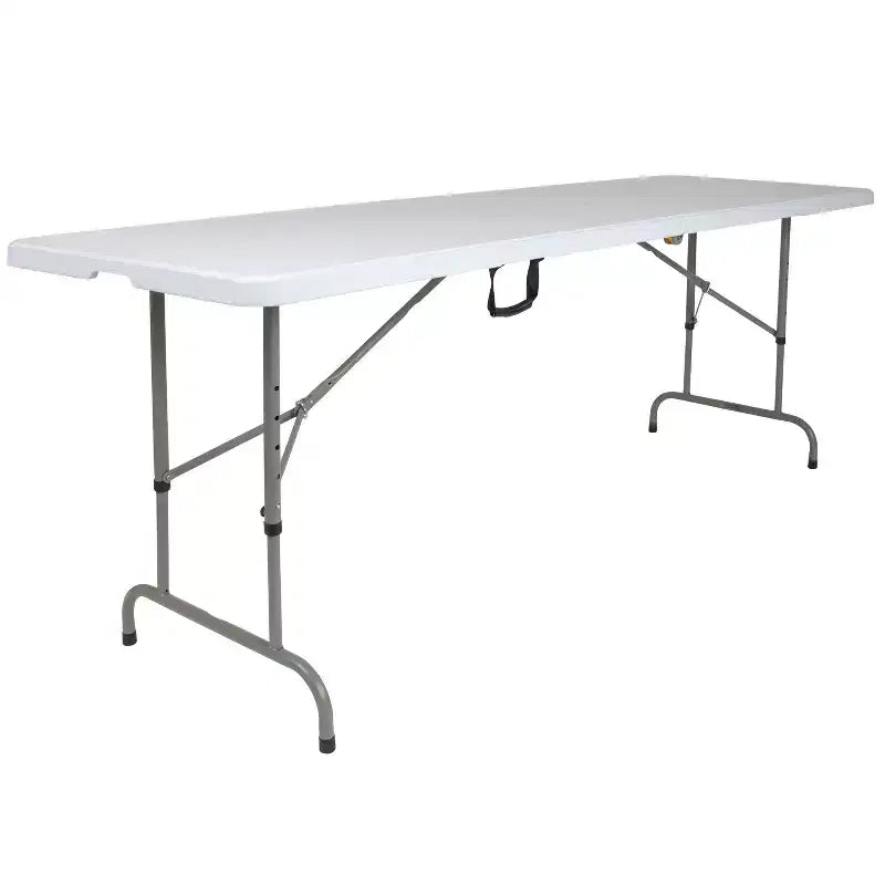 Table pliante Emma and Oliver de 2,40 m réglable en hauteur, en plastique blanc aspect granit, avec poignée