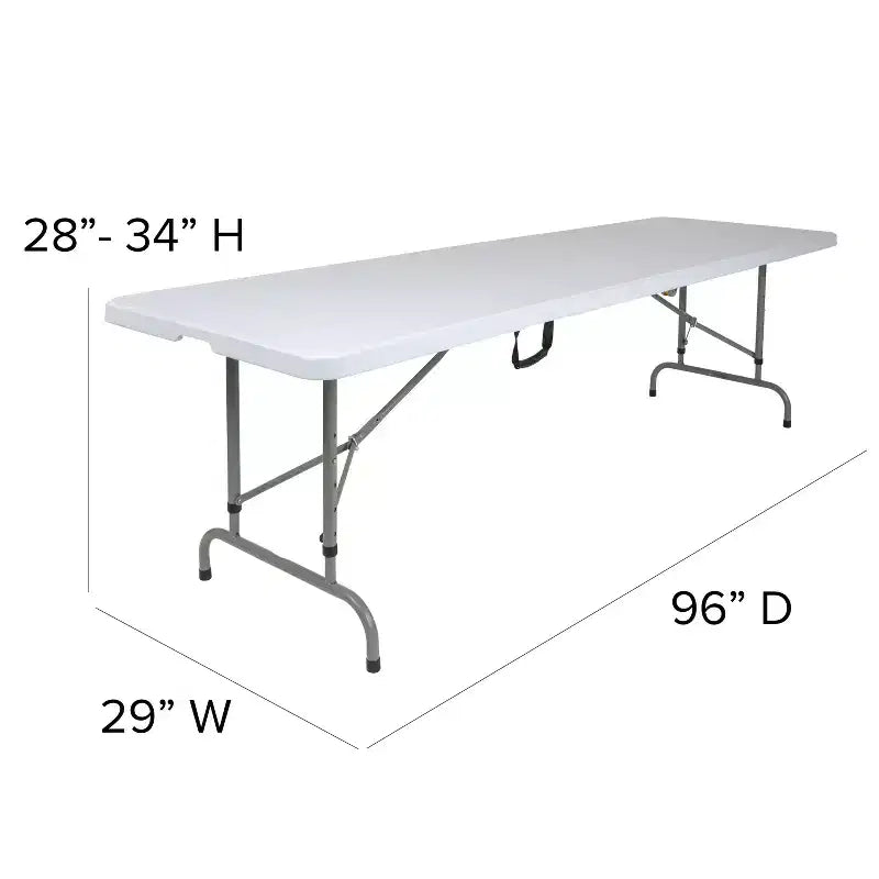 Table pliante Emma and Oliver de 2,40 m réglable en hauteur, en plastique blanc aspect granit, avec poignée