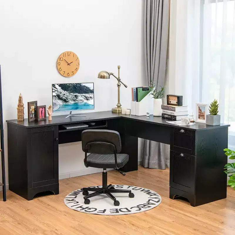 Costway Bureau d'angle en forme de L Table d'écriture Poste de travail avec tiroirs Noir Marron