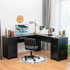 Costway Bureau d'angle en forme de L Table d'écriture Poste de travail avec tiroirs Noir Marron