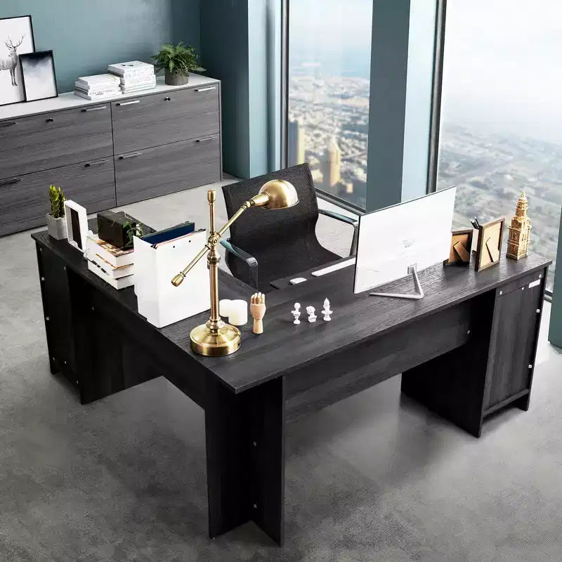 Costway Bureau d'angle en forme de L Table d'écriture Poste de travail avec tiroirs Noir Marron