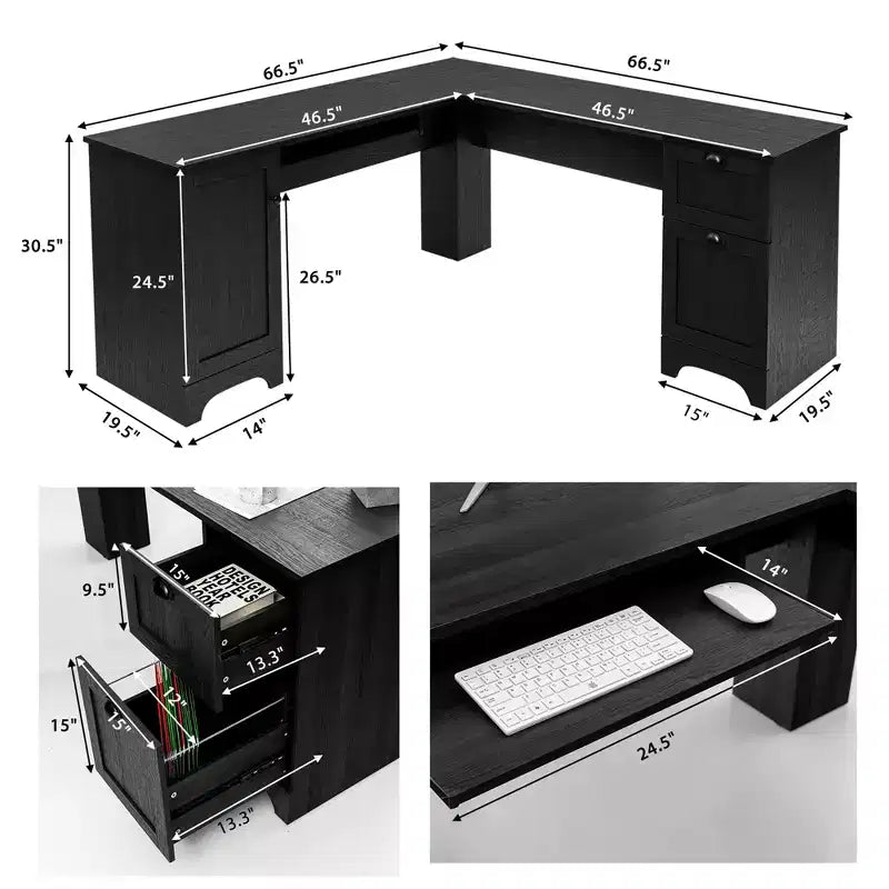 Costway Bureau d'angle en forme de L Table d'écriture Poste de travail avec tiroirs Noir Marron