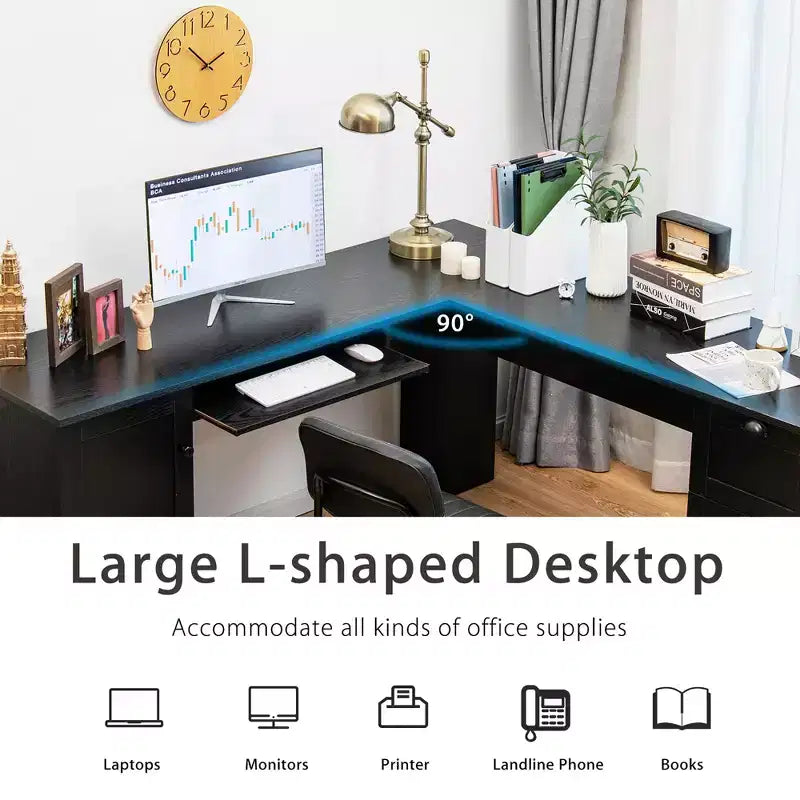 Costway Bureau d'angle en forme de L Table d'écriture Poste de travail avec tiroirs Noir Marron