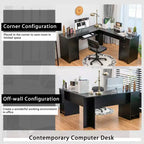 Costway Bureau d'angle en forme de L Table d'écriture Poste de travail avec tiroirs Noir Marron