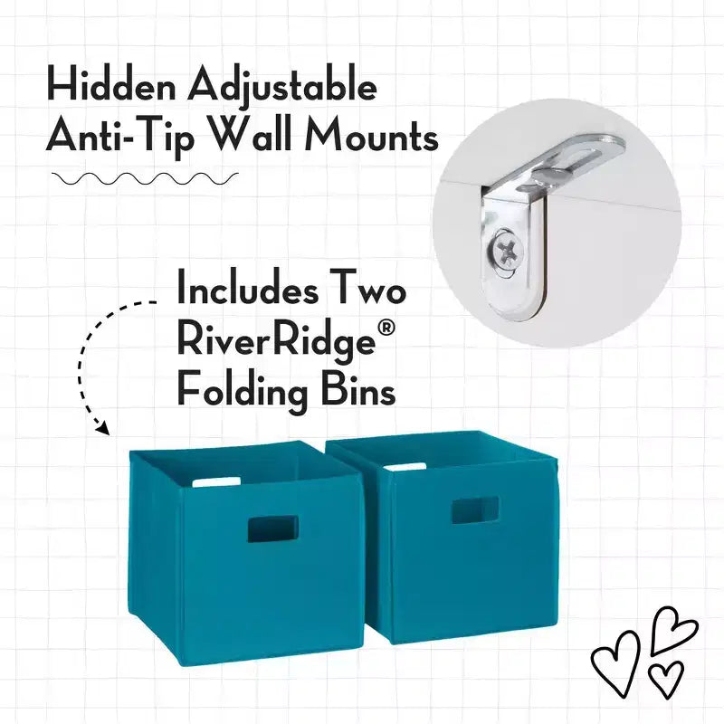Étagère à livres et meuble de rangement pour jouets RiverRidge Kids avec 4 casiers à livres et 2 compartiments, blanc avec 2 bacs en tissu