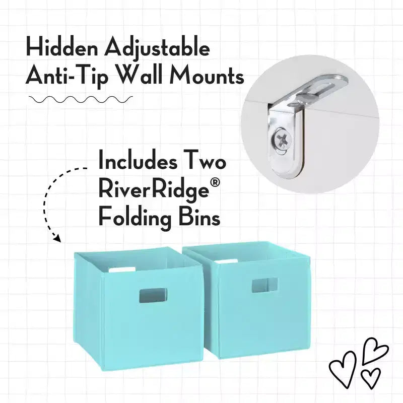Étagère à livres et meuble de rangement pour jouets RiverRidge Kids avec 4 casiers à livres et 2 compartiments, blanc avec 2 bacs en tissu