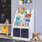 Étagère à livres et meuble de rangement pour jouets RiverRidge Kids avec 4 casiers à livres et 2 compartiments, blanc avec 2 bacs en tissu