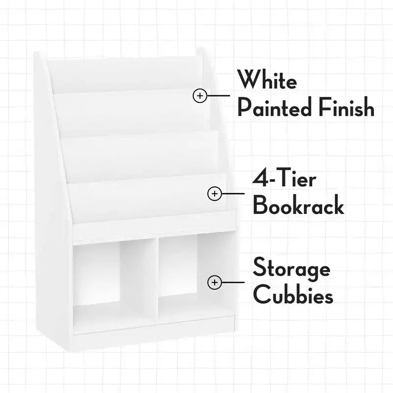 Étagère à livres et meuble de rangement pour jouets RiverRidge Kids avec 4 casiers à livres et 2 compartiments, blanc avec 2 bacs en tissu