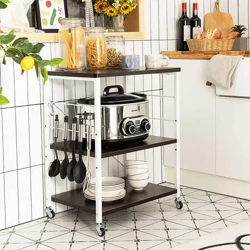 Étagère de Boulanger de Cuisine à 3 Niveaux Costway avec Chariot de Rangement pour Micro-ondes et Crochets